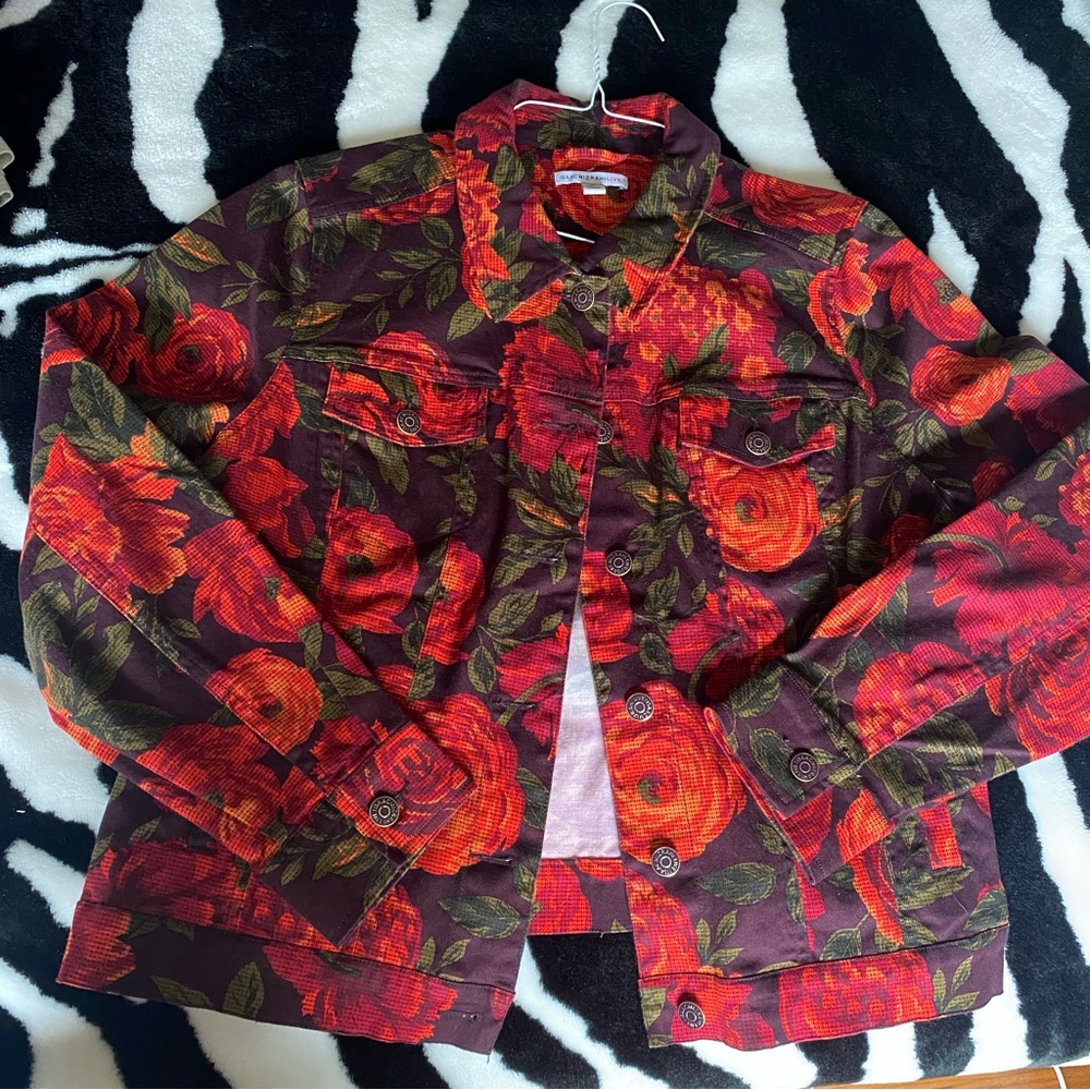 Isaac Mizrahi Live Floral Peony Stretch Button Front Denim Jacket Red Size 16